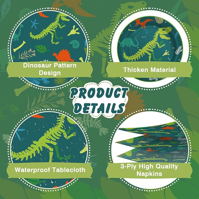 Cecnamt Dinosaur Birthday Decorations, 170 Pcs Dinosaur Party Supplies Including Banner, Plates, Cups, Napkins, Cutlery and Tablecloths, Serves 24