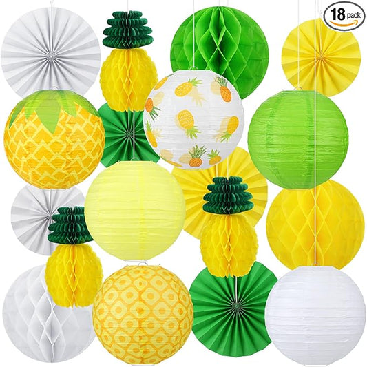 Retisee 18 Pcs Pineapple Party Decoration Yellow Pineapple Hanging Paper Lantern Honeycomb Fans Summer Fruit Honeycomb Ball for Summer Fruit Pineapples Theme Party Ceiling Decor Supplies
