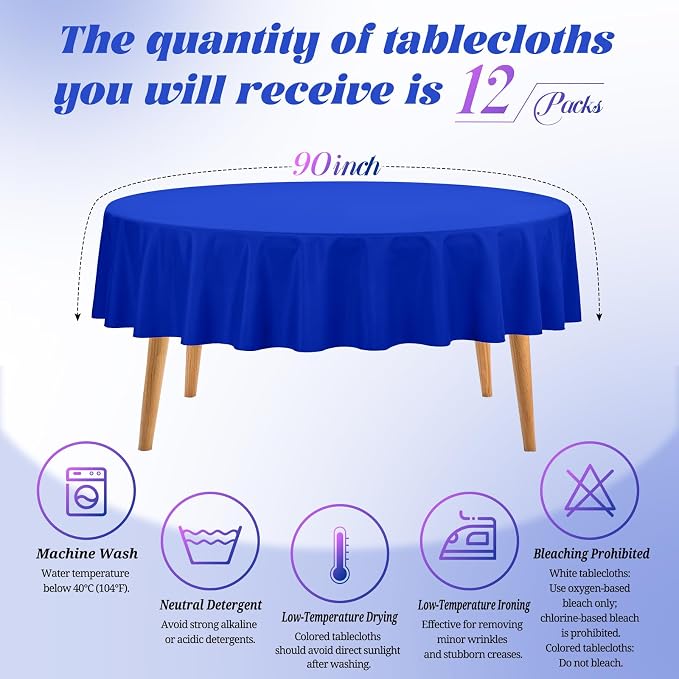 Teruntrue 12 Packs Royal Blue Round Tablecloths 90 inch Round Table Cloth, Washable Polyester Fabric for Wedding Parties Banquet Holiday Dinner Table Decorative, Royal Blue