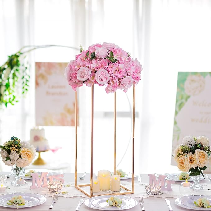 Gold Metal Cube Vase Stand for Wedding Centerpieces, 23.6in Tall, 10 Pcs | Columnar Cube Shape, Easy to Assembly, Flowers Cakes Drinks Display Table Centerpieces for Wedding Party Event