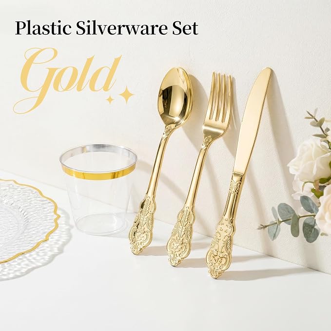 N9R 120PCS Gold Plastic Silverware, Disposable Silverware Include 40 Forks, 40 Spoons, 40 Knives, Gold Cutlery Set Disposable for Party, Wedding and Daily Use