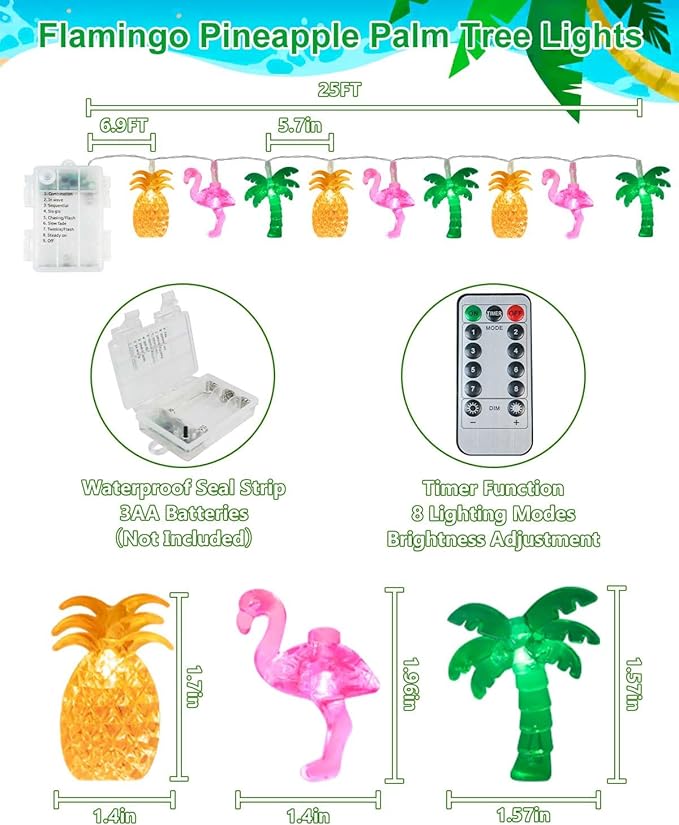 50 LED 25ft Summer Hawaiian Beach String Lights Outdoor with Remote, Flamingo Pineapple Palm Tree Fairy Twinkle Lights Battery Operated with 8 Modes & Timer for Tropical Party Beach Pool Decorations