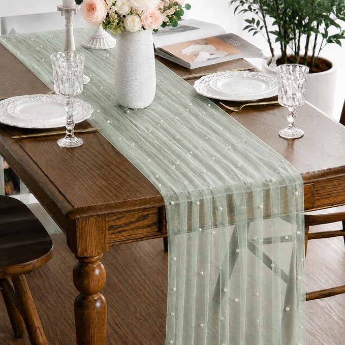 Pearl Sage Gauze Pearl Table Runner 120 Inch 10FT, Seasonal Sheer Dining Holiday Wedding Birthday Baby Shower Tulle Summer Table Decor for Home Party