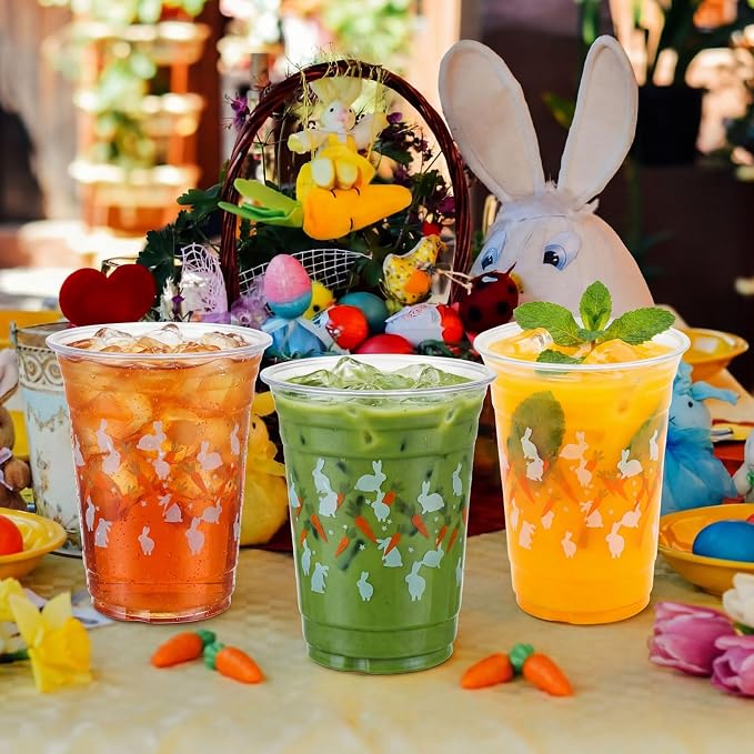 100 Pcs Plastic Cups 16 oz Disposable Carrot Bunny Party Cups Bulk Clear Cute Drinkware for Summer Party Supplies Spring Picnic Cold Drinks Snack