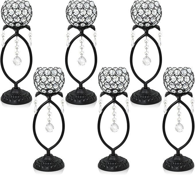 6 Pcs Black Elegant Metal Crystal Tea Light Candle Holders with Crystal Pendants, Hollow Design - Wedding Table Centerpieces for Anniversary Birthday Party, Home Decor