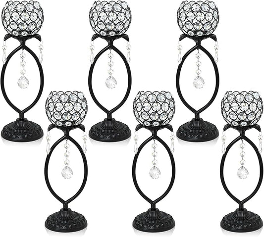 6 Pcs Black Elegant Metal Crystal Tea Light Candle Holders with Crystal Pendants, Hollow Design - Wedding Table Centerpieces for Anniversary Birthday Party, Home Decor