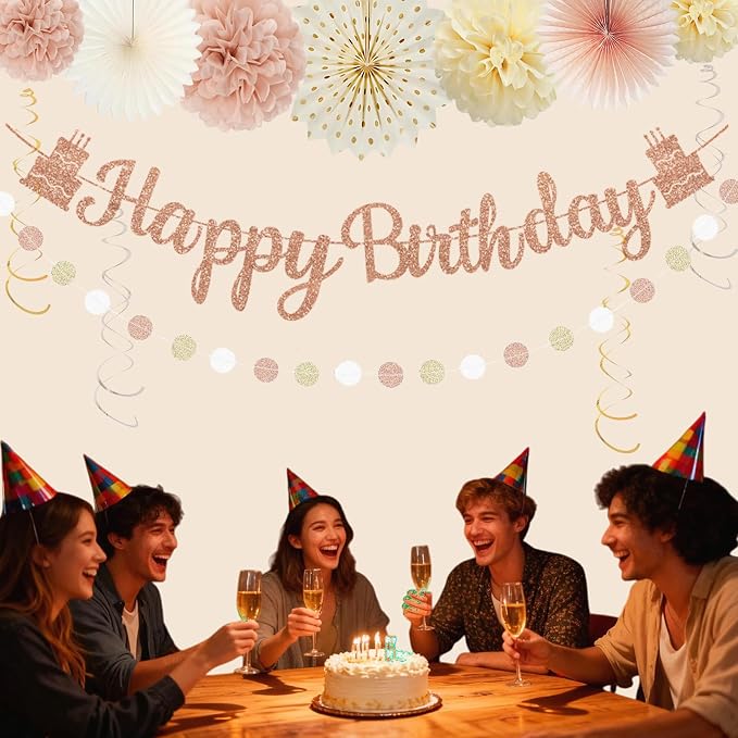 Champagne Gold Beige Birthday Party Decorations, Happy Birthday Banner, Paper Pompoms, Lanterns, Fans, Hanging Swirls, Circle Dots Garland Tassel Garland for Birthdays Party Decorations 37pcs