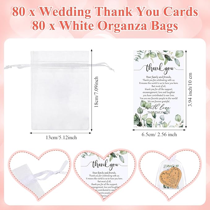 80 Sets Rustic Wedding Favor Coasters, Heart Cork Coasters for Guests, Mr & Mrs Coaster Favors with Thank You Cards & Organza Bags, Bridal Shower Party