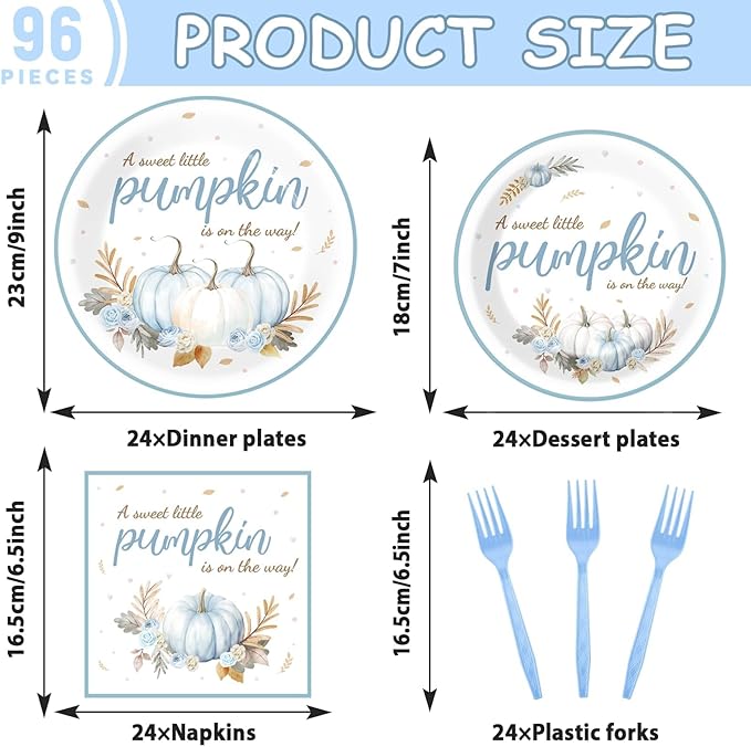 96Pcs Little Pumpkin Baby Shower Party Plates and Napkins, Fall Autumn Pumpkin Party Decorations for Boys Autumn Dessert Plates, Blue Thanksgiving Tableware Decor, Serves 24