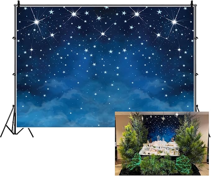 Renaiss Twinkle Twinkle Little Star Backdrop 5x3 ft Fabric Blue Starry Sky Photography Background for Nativity Display Baby Shower Birthday Party Decorations Photo Booth Props