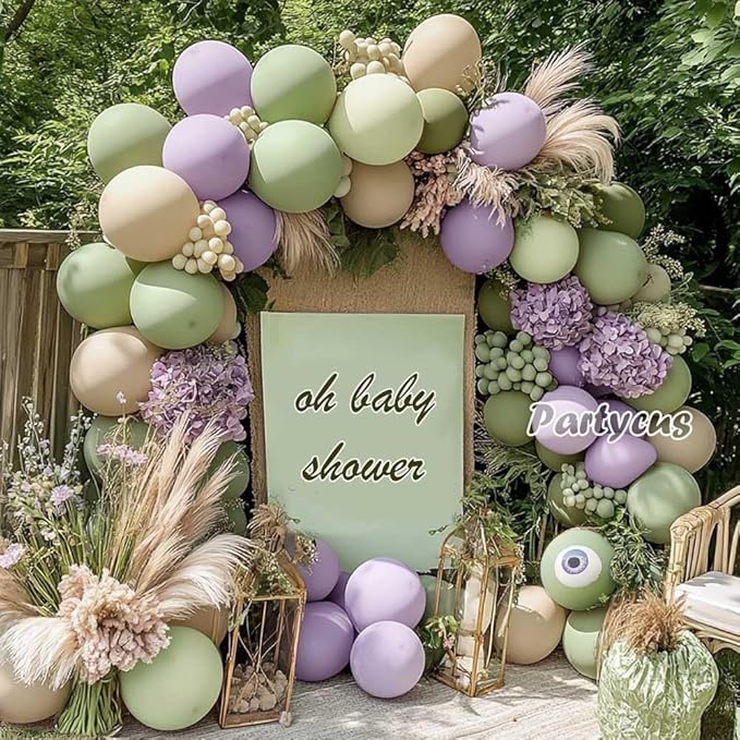 Dusty Green Purple Balloon Arch Kit Double Stuffed Pastel Light Lavender Olive White Sand Balloon Garland for Neutral Baby Shower Birthday Bridal Wedding Easter Party Decoration