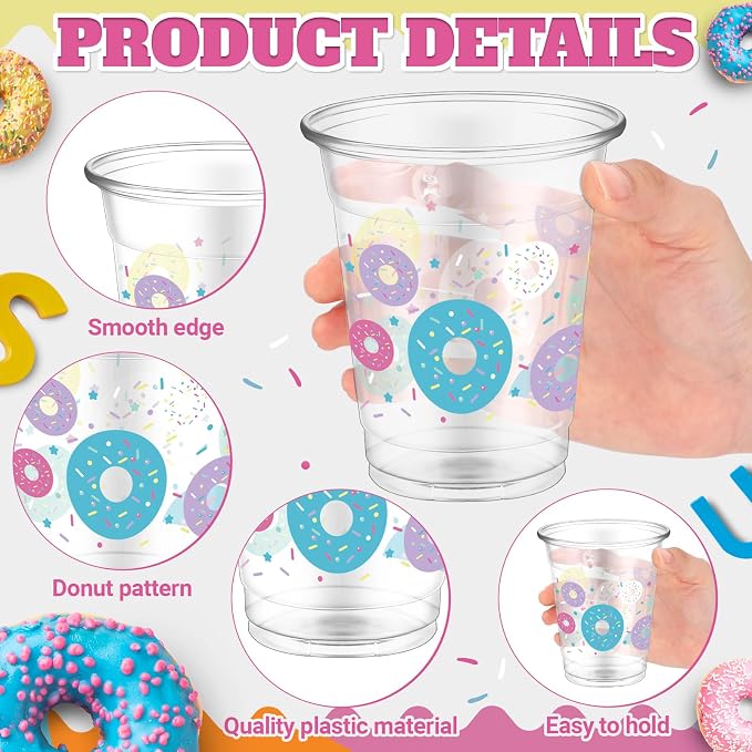 FoldTier 50 Pcs Donut Cups 12 oz Sprinkle Plastic Cups Clear Disposable Sweet One Glasses Doughnut Theme Glasses for Home Sprinkle Grow up Birthday Theme Party Favors Supplies Decoration (Donut)