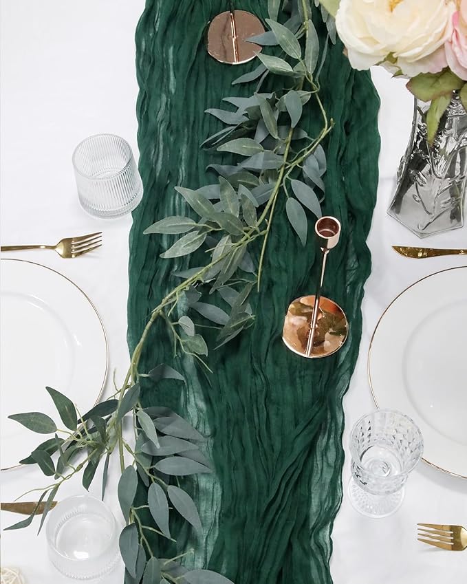 10 Pack 120inch Dark Green Cheesecloth Table Runners - 10Ft Long Cotton Gauze Table Runner for Christmas Parties and Weddings Bridal Baby Showers Decoration- Elegant Emerald Green Table Cloth