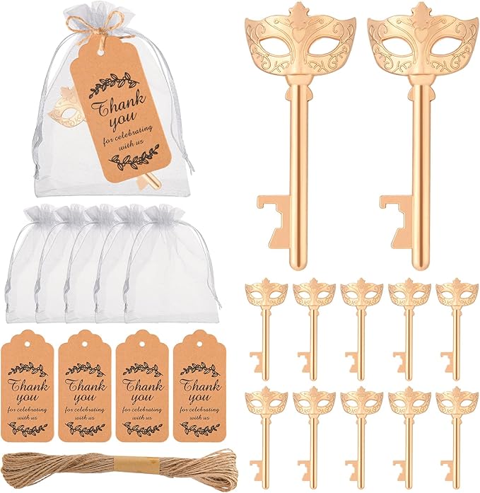 50 Pieces Mask Design Bottle Openers - Masquerade Party Favors and Decorations, Beautiful Centerpieces for Tables, Ideal Gifts for Guests with Thank You Tags and Gift Bags