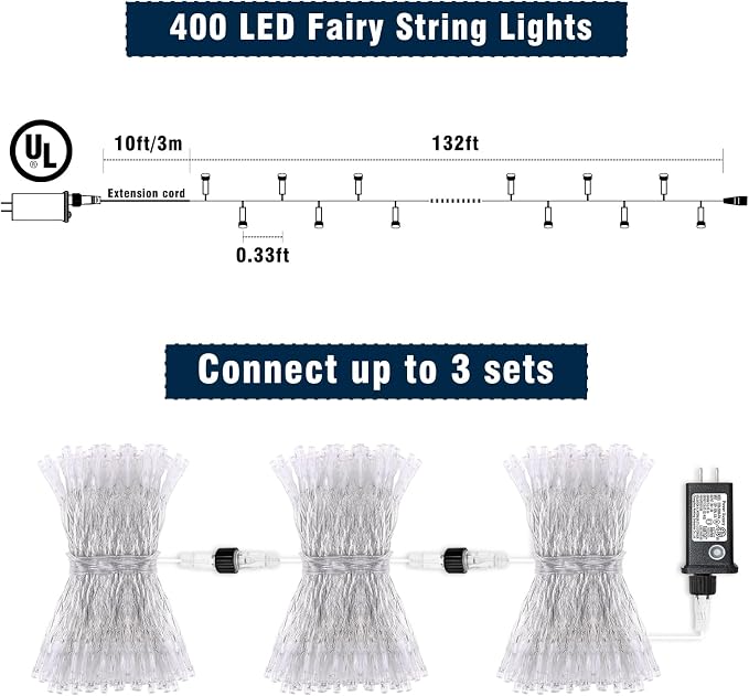 132FT 400 LED Christmas Lights Outdoor, Christmas String Lights Indoor with Waterproof 8 Modes, Clear Wire Plug in Twinkle Fairy Lights for Bedroom Wedding Tree Party Decorations, Warm White