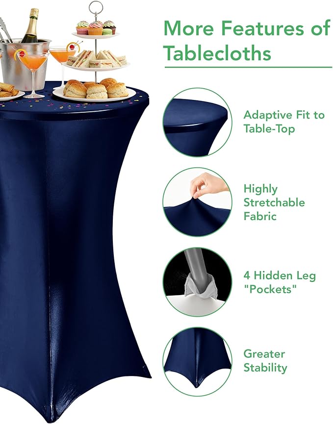 Cocktail High Top Table Covers - 32x43 Inch Fitted Spandex Round Cocktail Tablecloth for Bar Height Standing Table Cloths Reusable, for Party Wedding Banquet Event Decorations, Shiny Navy, 8 Pack