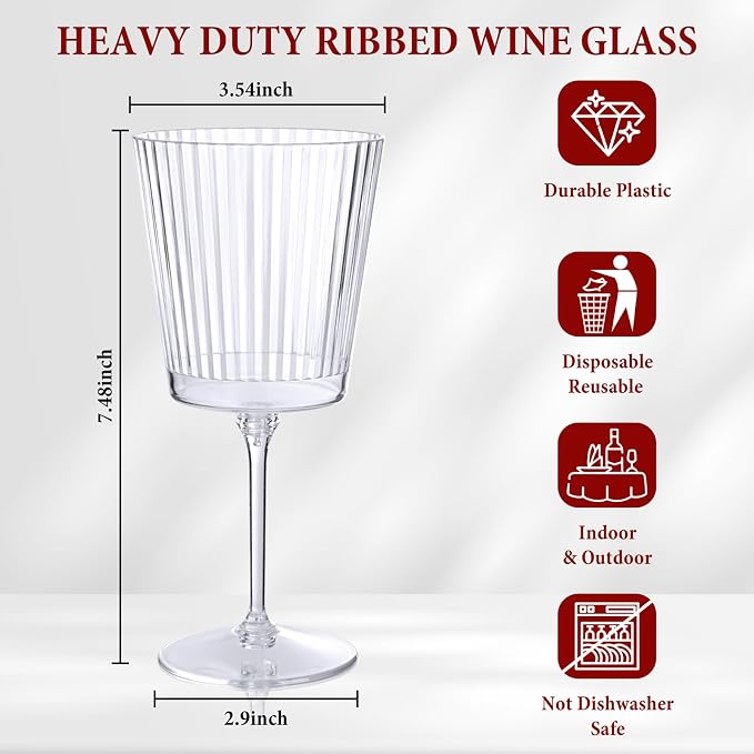 LIYH 20 Pcs Plastic Ribbed Wine Glasses 13.5 Oz,Plastic Goblets Vintage Style Ribbed Drinking Glasses for Wedding Reception,Grand Event Party Supplies for Birthday (20 Guests)