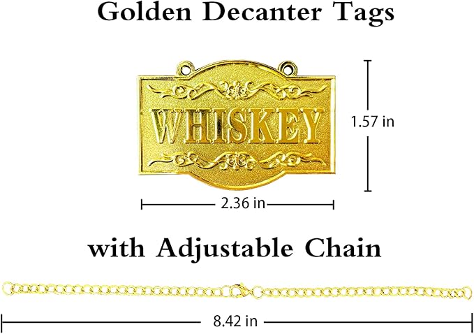 Decanter Tags - Liquor Tags (Set of 8, Golden Colour) Liquor Decanter Label:Gin, Vodka, Bourbon, Whiskey, Brandy, Rum, Scotch, Tequila - Tags for Liquor bottle, Adjustable Chain, 2.36 x 1.57 inches