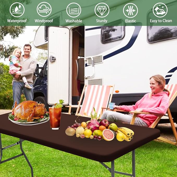 10 Pack Picnic Table Cover Fitted 6 Foot Tablecloth for Rectangle Table Elastic Waterproof Stretch Washable Patio Folding Outdoor Spandex Tablecloth for Camping Banquet and Parties (Coffee 30" x 72")