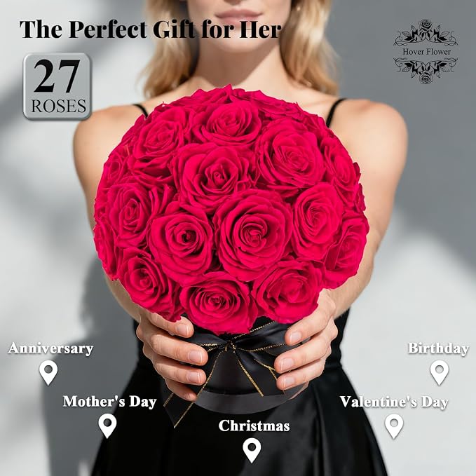 27 Preserved Flowers for Delivery Prime, Roses Dome Forever Flower Decor for Party Home Table Bedroom, Anniversary, Birthday, Wedding Gifts for Women Her (Hot Pink)