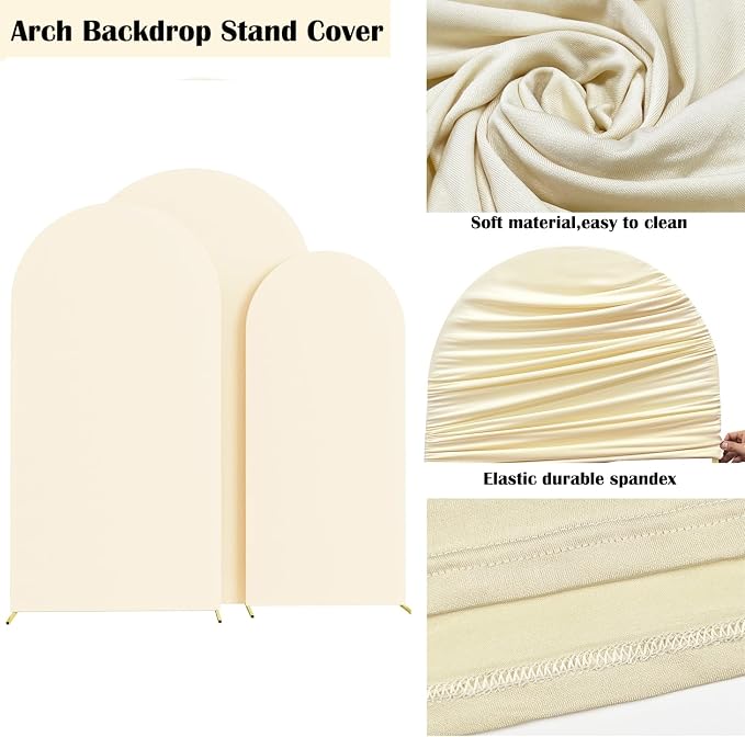 HAINARverS Set of 3 Wedding Arch Cover 6FT,6.6FT,7.2FT Spandex Fitted Stretchy Arch Stand Covers,2 Sided Round Top Chiara Backdrop Cover for Birthday Party Banquet Baby Shower Arch Decoration(Beige)