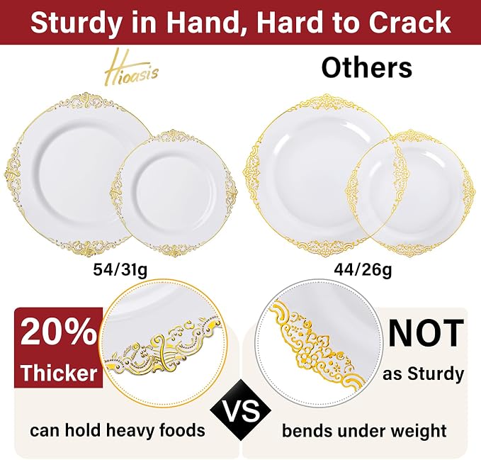 Hioasis 350pcs White and Gold Plates - White Party Plates for 50 Guest, Include 100 Heavy-duty Plates(20% Thicker Than Standard), 150 Cutlery Set, 50 Napkin, 50 Cups for Party & Wedding