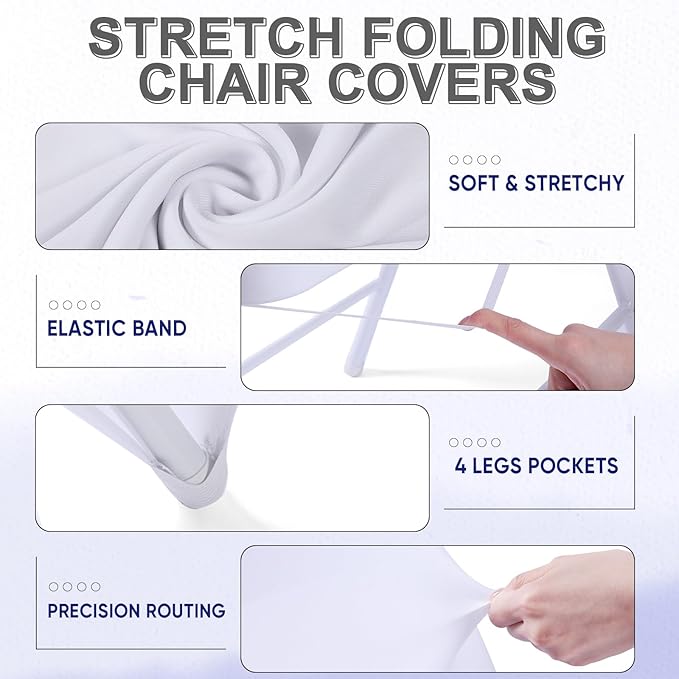 Lounsweer 50 Pcs Folding Chair Cover Set with 25 Stretch Spandex Slipcovers 25 Satin Chair Sashes Bows Ribbon Washable Banquet Protector for Wedding Event Party(White, Royal Blue)