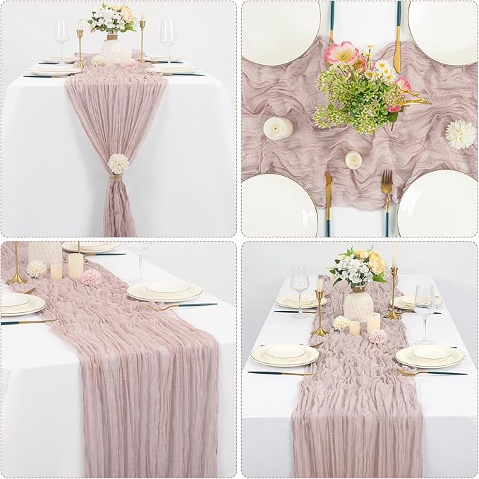 10 Pcs Dusty Pink Cheesecloth Table Runner 10FT, Gauze Table Runner for Wedding Reception Sheer Bridal Shower Birthday Party Boho Table Decoration, Rustic Romantic Wedding Runner