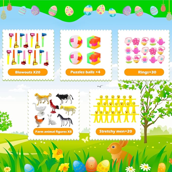 GOAUS Easter Eggs Fillers Party Favors for Kids 220 pcs, Small Toys Prizes with 100 Surprise Eggs for Filling, Goodie Bags Stuffers
