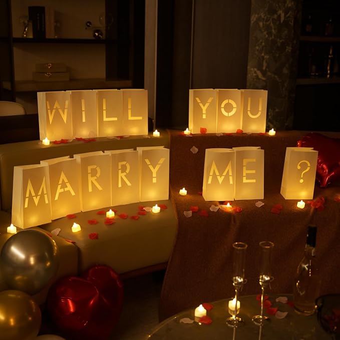 Will You Marry Me Sign - Marry Me Light Up Letters Set with Luminary Paper Bags, LED Tea Light Candles, Red Heart Balloons, Artificial Rose Petals - Proposal and Valentines' Day Decorations