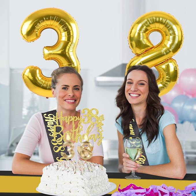 38th Birthday Decorations Men Women with 38th Birthday Banner, Black and Gold Table Cloth, Number Balloons, Large Sash, Cake Topper and Candles