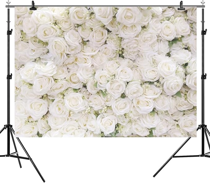 10x6.5ft Flower Backdrop White Rose Floral Photography Background Engagement Ceremony Bridal Shower Wedding Party Banner Decorations Kids Birthday Newborn Baby Shower Portrait Photo Booth Prop