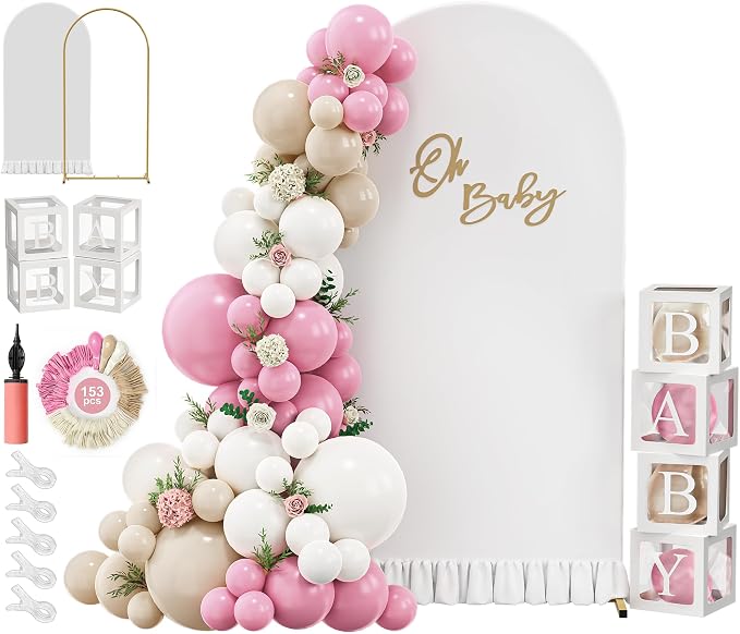 6.6FT Metal Arch Backdrop Stand and Cover Set, Pink Balloon Arch Kit, 153 Pcs Balloons, 4 Baby Shower Box, Letter Stickers, Clips for Baby Shower, Gender Reveal, Birthday, Wedding Decor