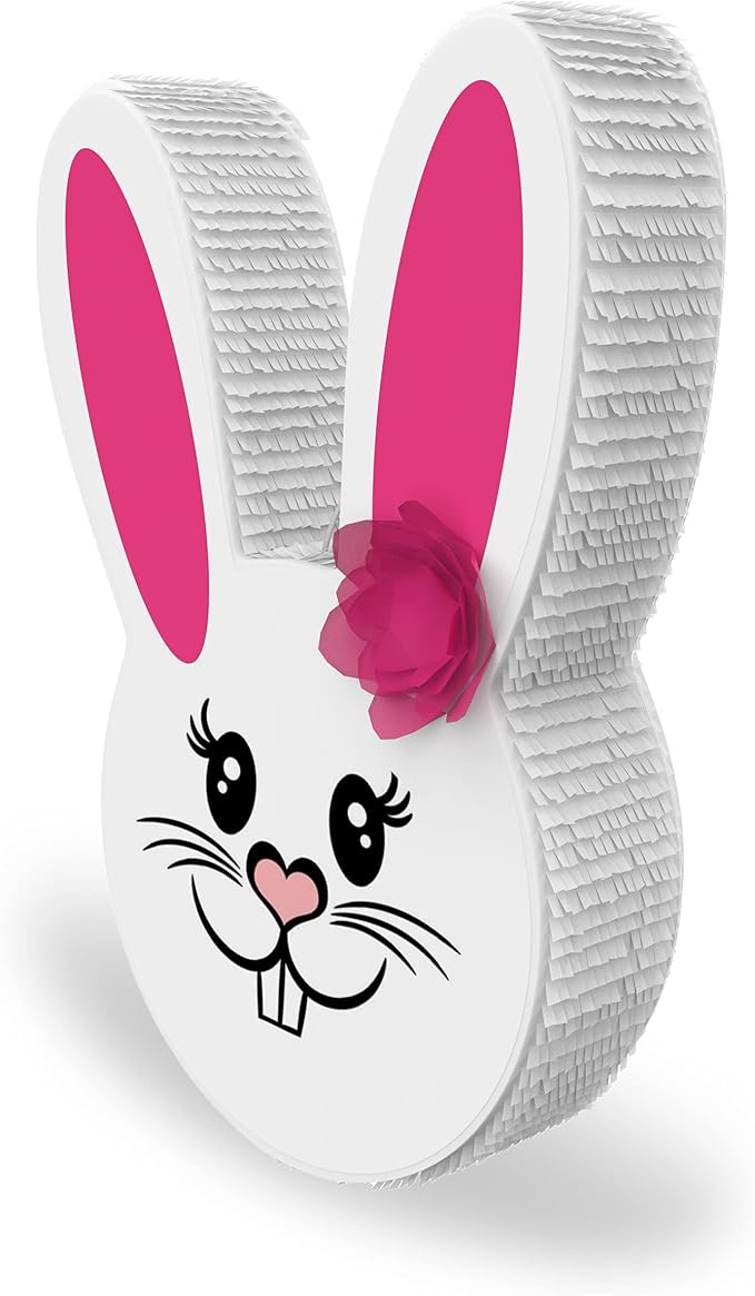 Jergrim Girl Easter Bunny Piñata Bundle 17”x11”x 3” with stick, blindfold and a small confetti bag Perfect for Easter Sunday Celebration, Bunny Theme Parties, Party Décor