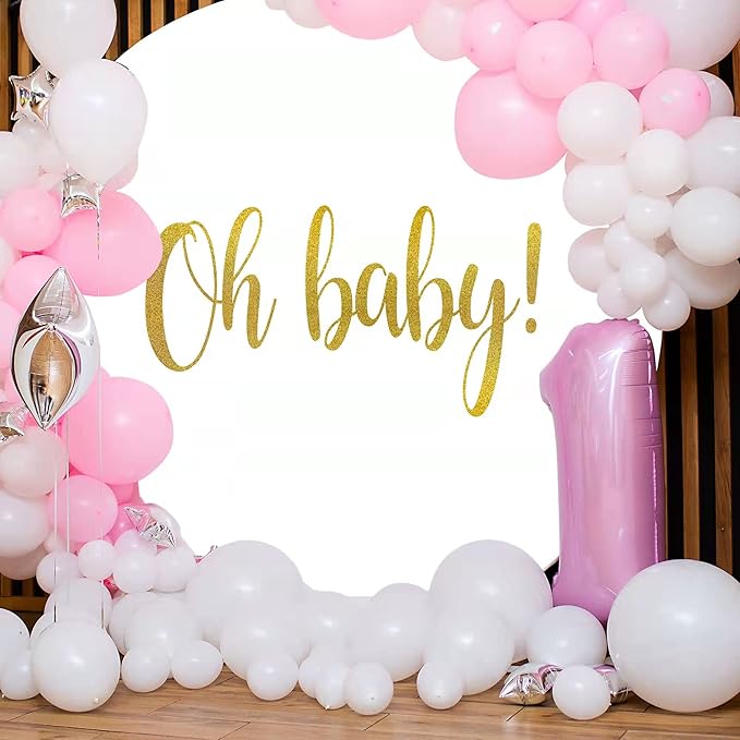 Round Backdrop Cover Oh Baby 7.2ft,White Round Backdrop Cover Gold Oh Baby Sign for Photography Baby Shower,Birthday Party Decorations Gender Reveal Pregnancy Party Photo Studio Props
