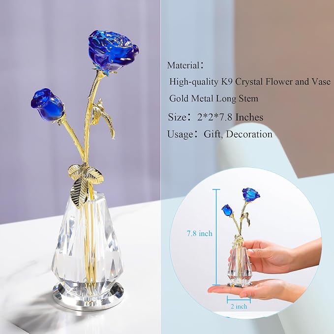 Arikyrist Crystal Rose Flowers Figurines Home Decor, Blue Glass Flowers with Stems, Collectible Figurines Crystal Rose Flower Gifts for Women on Mother's Day Valentine