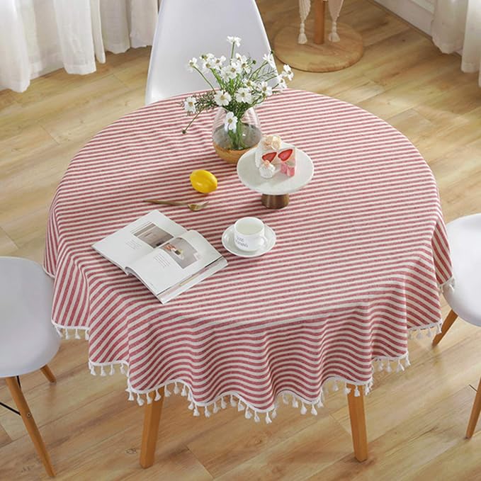meioro Round Tablecloth Stripe Tassel Table Cloth Cotton Linen Dust-Proof Table Cover for Dining Circle Coffee Side End Card Tables, Parties Holiday Indoor Outdoor Use (Red/White Stripes, 60 Inch)
