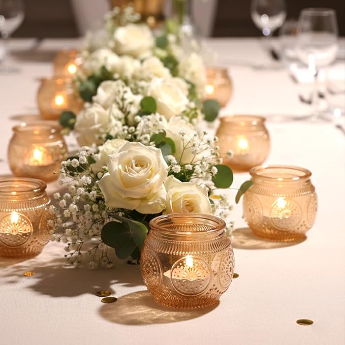12 Pcs Gold Votive Candle Holders for Wedding Table Decor, Floral Style- Gold Centerpieces for Table, Bridal Shower, Birthday, Reception Party Decorations