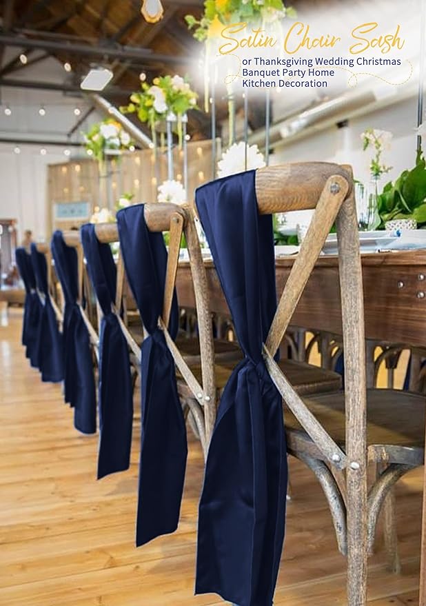120 PCS Navy Blue Satin Chair Sashes, Ties Bows Designed Chairs Decorative, Chair Cover Sashes for Thanksgiving Wedding Christmas Banquet Party Home Kitchen Decoration (7 x 108 inch)