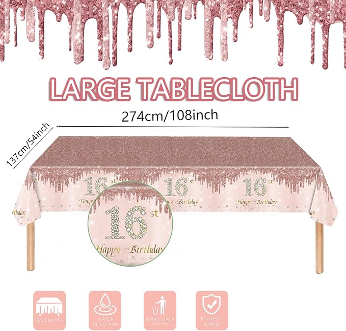 121Pcs 16th Birthday Party Supplies Plates Napkins Cups Forks Tablecloth Rose Gold Happy 16th Birthday Themed Disposable Tableware Decorations Serves 24 Guests for Girls 16 Years