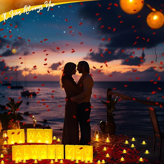 Aurelema 6086 Pcs It was Always You Light up Letters with LED Flameless Tealight Candle Red Rose Petal Letter Luminary Paper Bag for Valentine's Day Decoration Proposal Romantic Special Night Decor