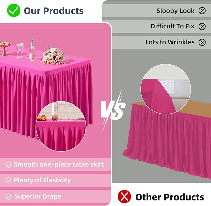 PARTISKY 2 Pack Hot Pink Tablecloths for Rectangle Tables 6ft, Wrinkle Resistant Spandex Table Cover Fitted Stretch Table Cloth with Pleated Ruffle Skirts for Party Banquet Dining Birthday Wedding