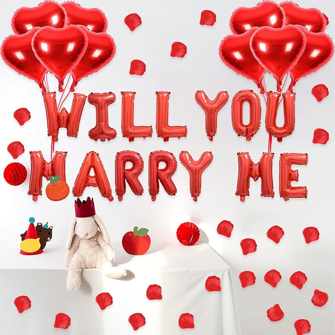 2 Set Red WILL YOU MARRY ME Balloons - 28pcs 16" Letter Balloons 10pcs 18" Heart Balloons with 1200pcs Red Artificial Rose Petals Alphabet Foil Mylar Balloons for Valentines Day Decorations
