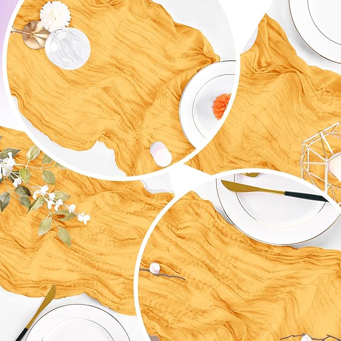 16 Pack Gold Cheesecloth Table Runner 20 x 120 inch Gauze Table Runners 10 FT Long,Semi Sheer Cheese Cloth Fabric Table Runner Bulk for Wedding,Party,Baby Shower,Bridal Shower Decoration