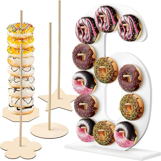5 Pcs Donut Stand Set, Doughnut Party Supplies Include 1 Pc Digit Donut Wall Display Stand, 4 Pcs Doughnut Wall, for Birthday Wedding Baby Shower Party(White number 6)