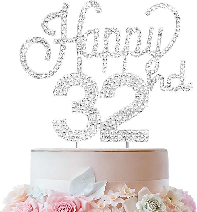LINGTEER Happy 32nd Birthday Silver Rhinestone Cake Topper - Cheers to 32nd Birthday 32 Years Old Anniversary Party Cake Centerpieces Topper Decorations Gift Sign.