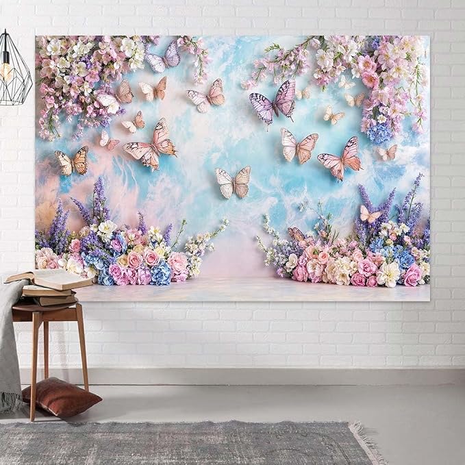 Purple Butterfly Floral Backdrop Elegant Flowers Photography Background for Girls Princess Butterfly Theme Birthday Baby Shower Events Party Decor Table Cake Photo Backdrops Photo Booth Prop