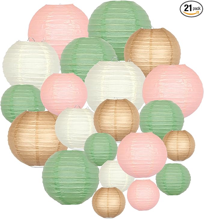 ADLKGG Paper Lanterns Party Decorative, Hanging Paper Lanterns for Sage Green Wedding Valentines Day Decorations Bridal Shower Birthday Neutral Baby Shower Decor Sage Green/Pink/Brown 21pcs