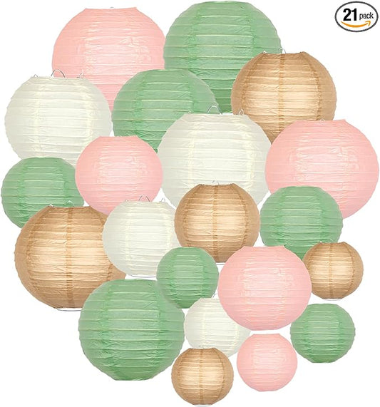 ADLKGG Paper Lanterns Party Decorative, Hanging Paper Lanterns for Sage Green Wedding Valentines Day Decorations Bridal Shower Birthday Neutral Baby Shower Decor Sage Green/Pink/Brown 21pcs