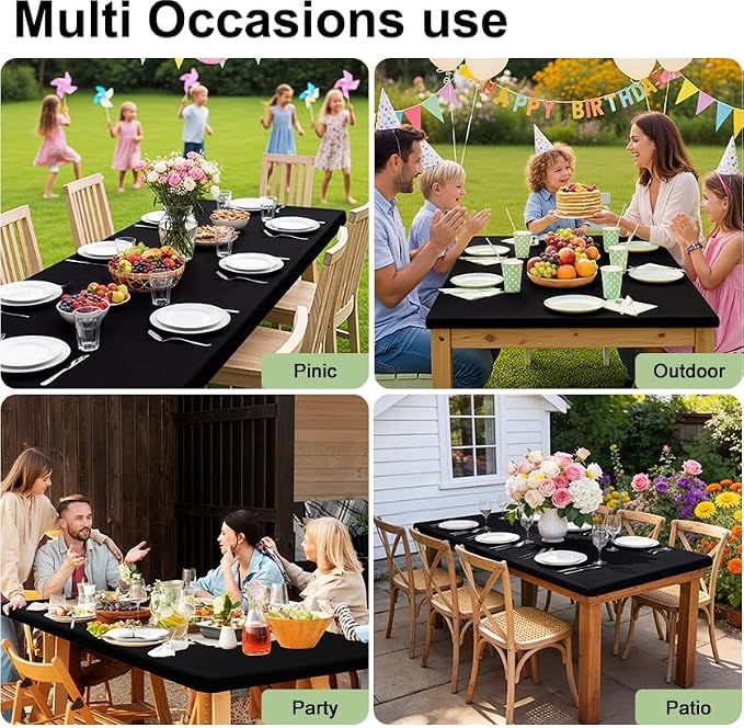 Smiry 6 Pack Rectangle Picnic Table Cloth, Waterproof Elastic Fitted Tablecloths, Washable Polyester Rectangular Patio Table Cover for Camping, Indoor and Outdoor (Black, 30"x96")